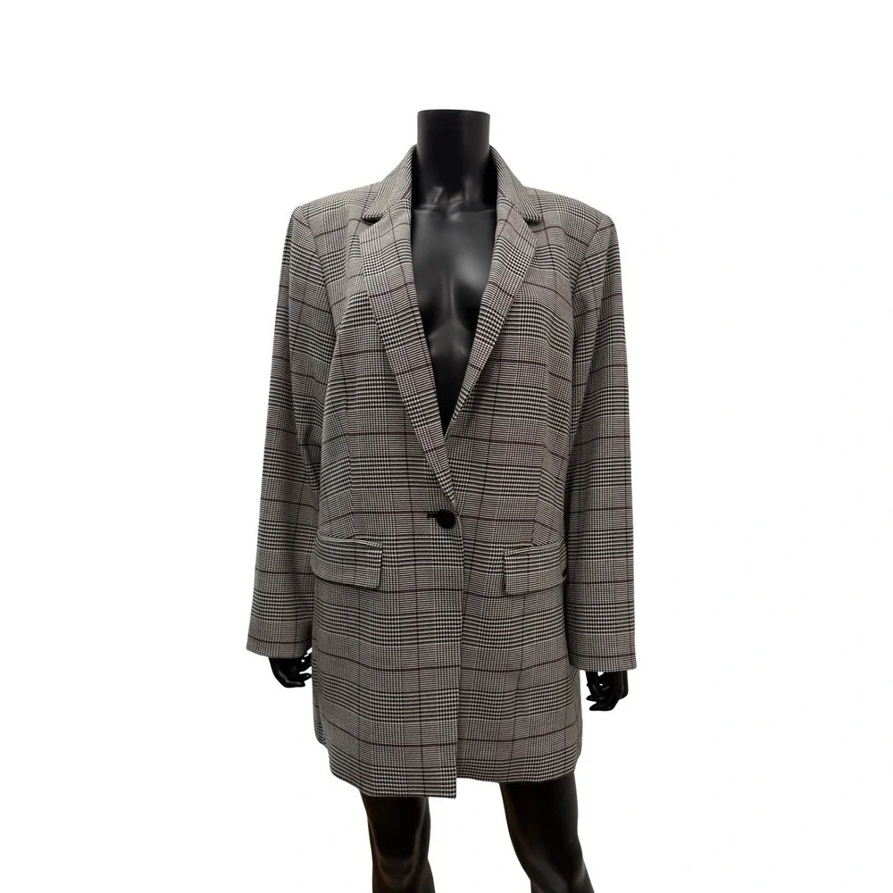 Calvin Klein Women's 18W Plaid Longline Blazer Glen Check Stretch NWOT
